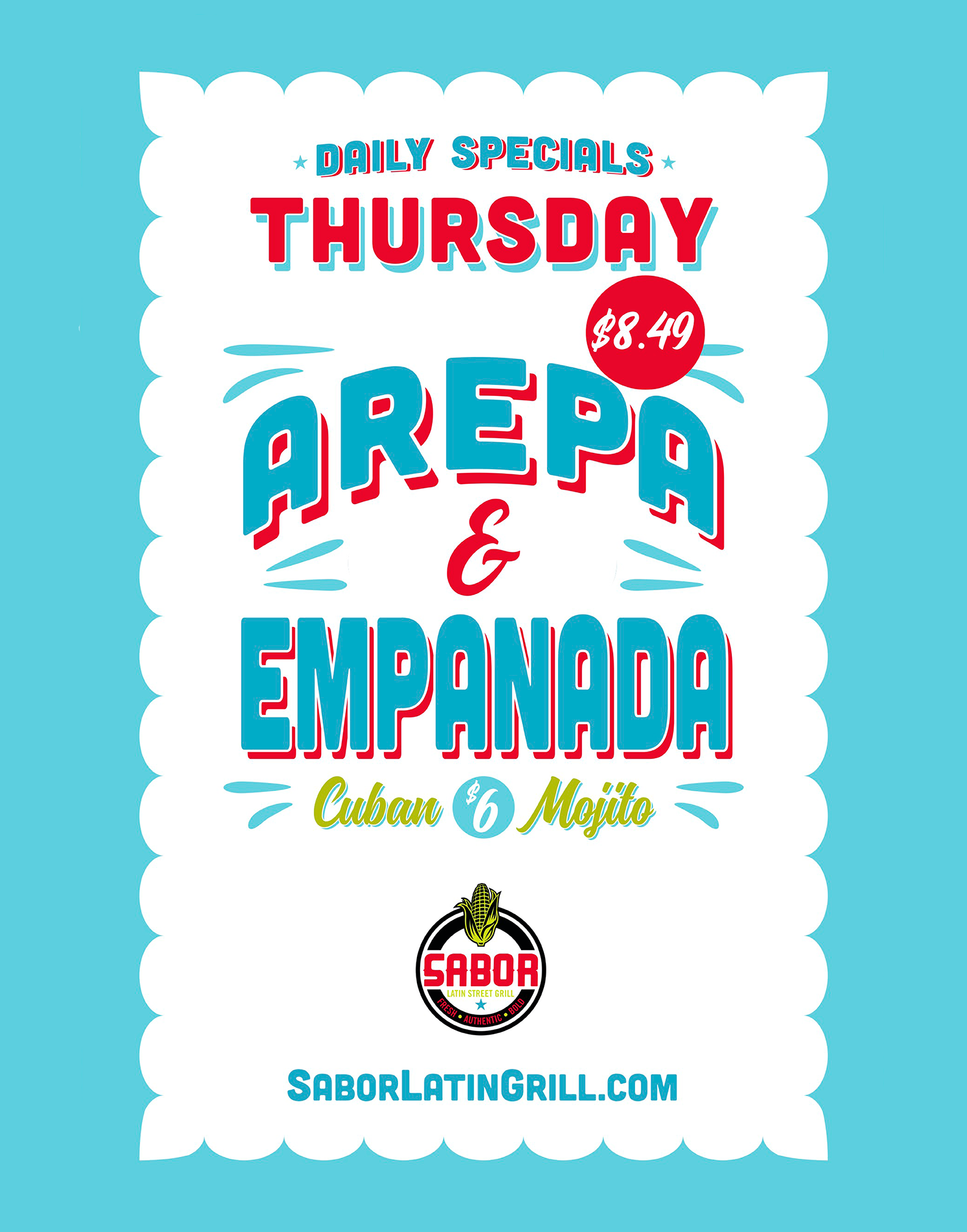 Thursdays - $6 Mojitos. $8.49 Arepa & Empanada Combo.
